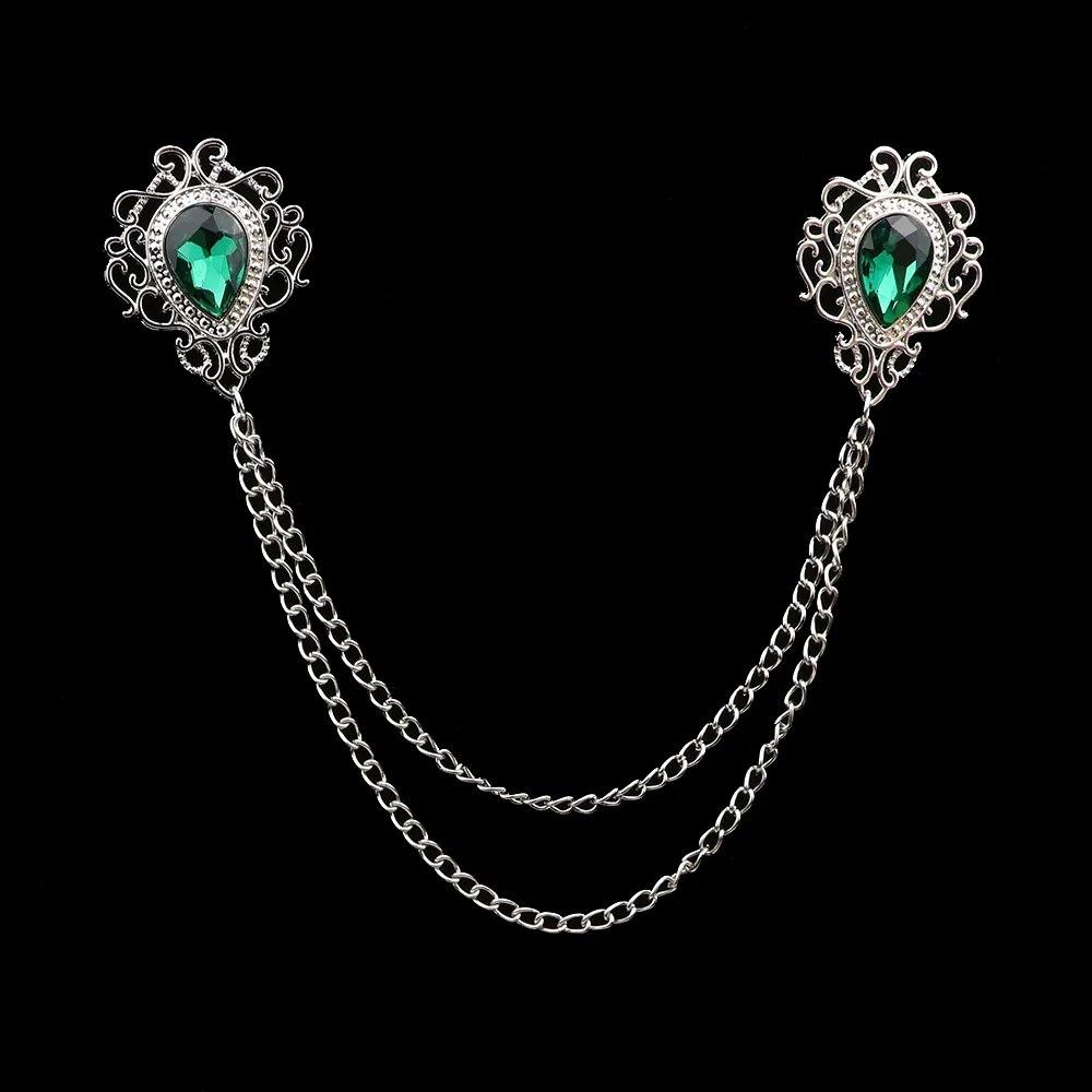 Retro Crystal Rhinestone Brooch, Suit Shirt, Tassel Chain, Lapel Pin, Women Men Jewelry, Alloy, Collar Brooch Pin