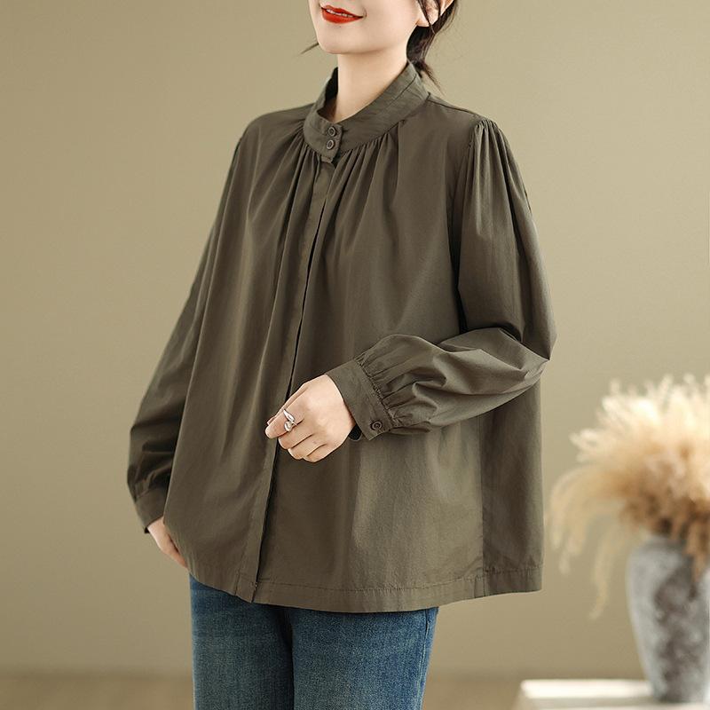 Spring Literature Loose Solid Color Stand Up Collar Lantern Sleeves Long Sleeved Shirt Women's Shirt Top Blouses & Shirts