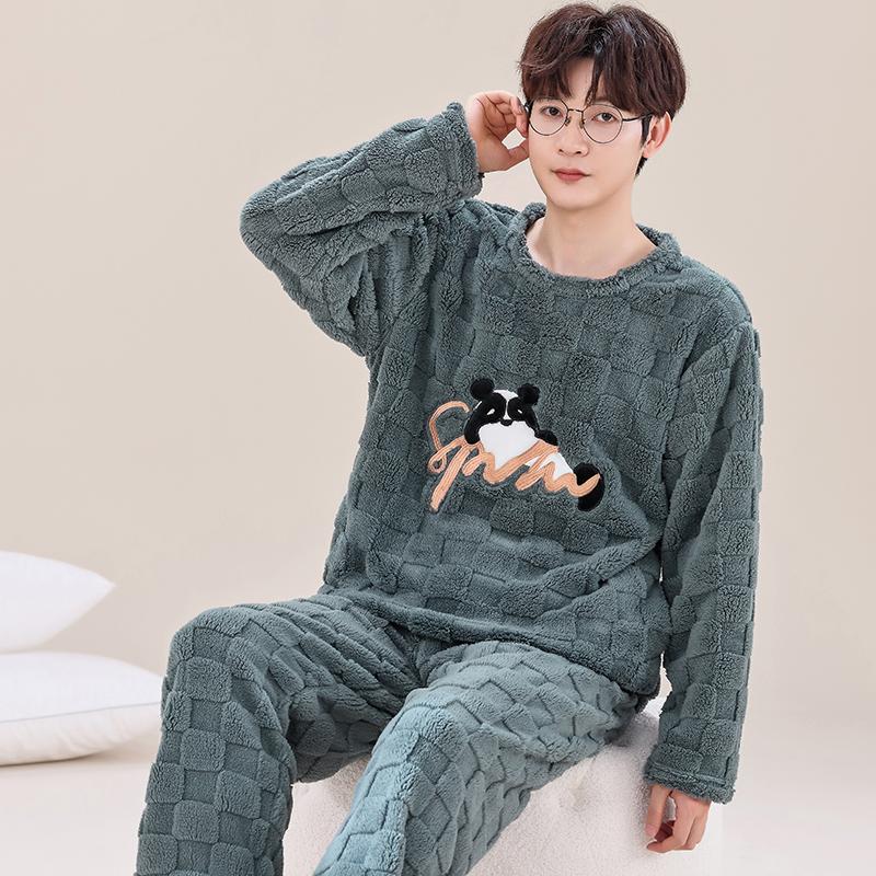 Pyjama d'hiver en flanelle pour homme, motif ours mignon, vêtement de nuit tendance en velours