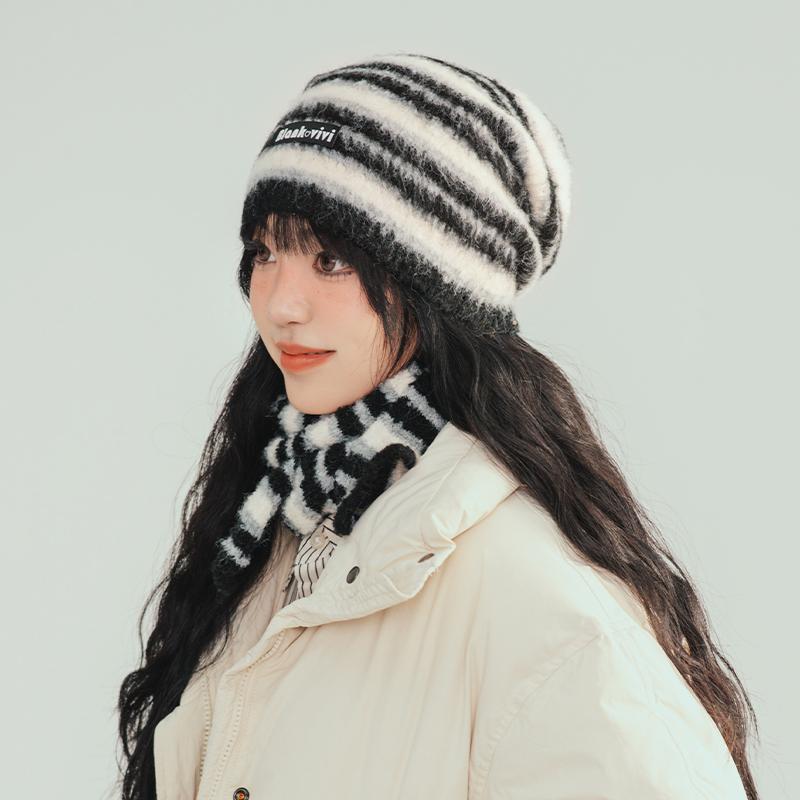 Retro Striped Plush Pile Hat Women's Autumn and Winter Warm Big Head Circumference Loose Cold Hat Showing Face Small Knitted Wool Hat