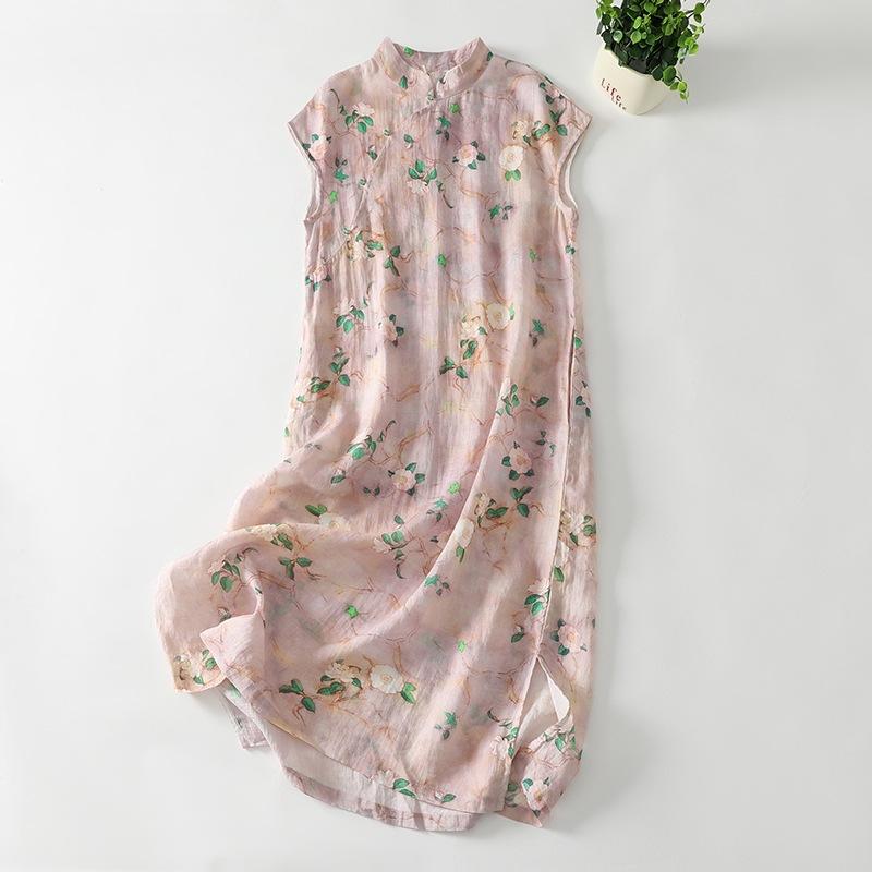 

Весна и лето 2025 новый ципао с воротником-стойкой средней длины, улучшенная версия, женское ретро-платье из хлопка и льна с принтом 2XL