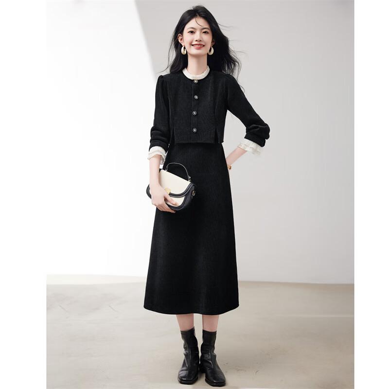 Petite Corduroy Fake Two-Piece Long-Sleeve Dress