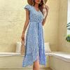 Floral Print High Waist V Neck Dress with Irregular Flying Sleeve for Women