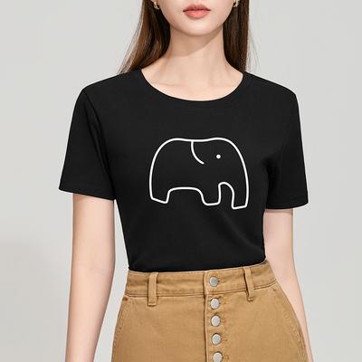 Black Short-sleeved T-shirt for Women New Women's Elephant Printed Round Neck Cotton T-shirt Waist Stretch Top