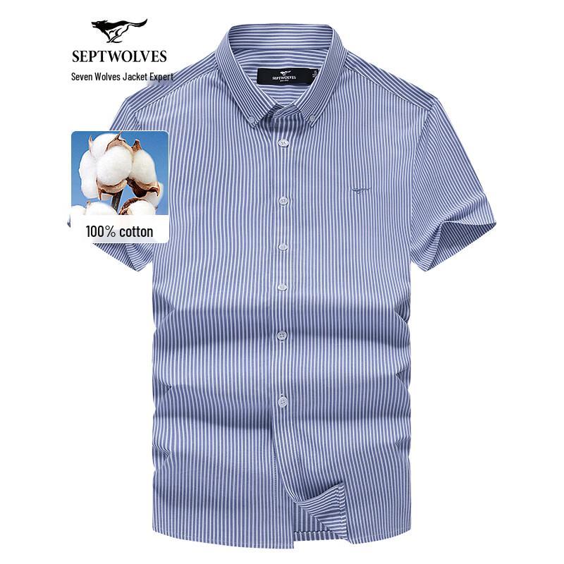 Septwolves Men s Pure Cotton Embroidered Stripe Short Sleeve Shirt L