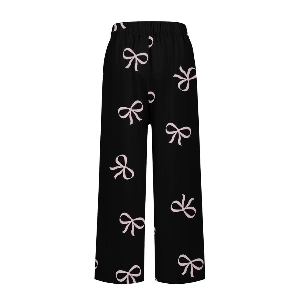 Damenhose aus Baumwollleinen, bedruckt, Sommerhose mit weitem Bein, lässig, locker, Kordelzug, hohe Taille, Palazzo-Hose mit Taschen