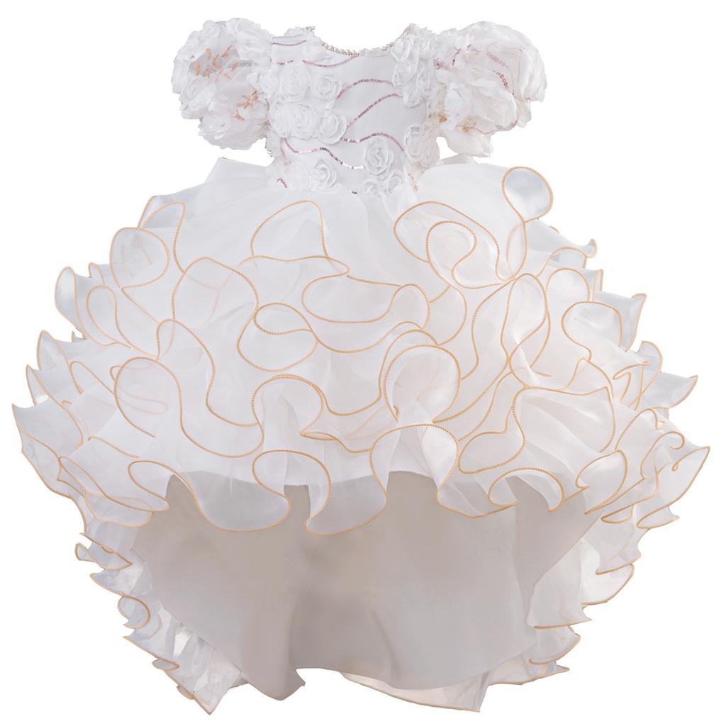 Rochie elegantă pentru copii cu mâneci bufante, broderii, o trenă și o fustă de prințesă pe straturi – perfectă pentru petreceri de ziua de naștere și ca rochie de domnișoară de onoare