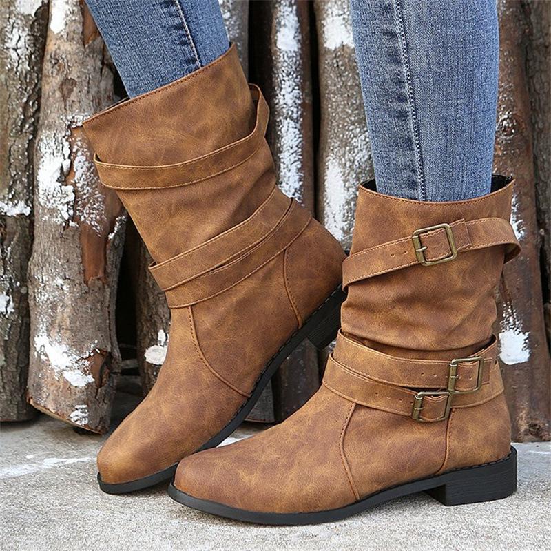 Medium boots, European and American short boots, retro Martin boots, belt buckle solid color low heel large size fashion boots