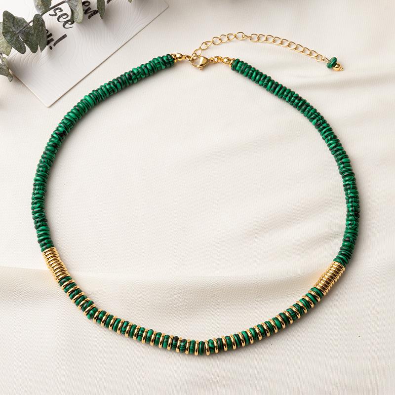 GEMCHIC Women s Vintage Malachite Beaded Necklace with Gold Plated Titanium Steel Chain, Elegant Geometric Choker Jewelry for Party and Daily Wear золотой