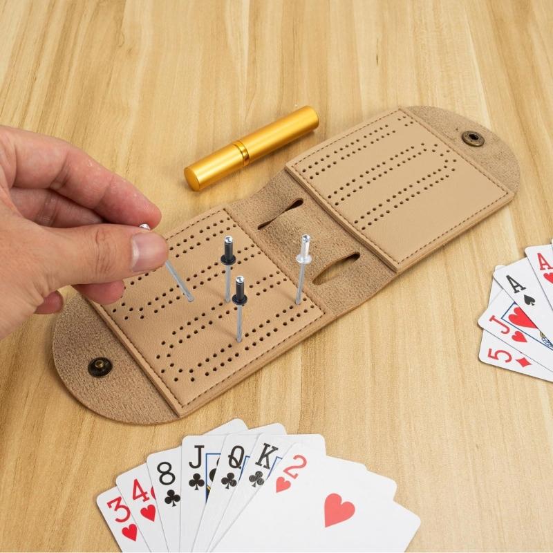 Faltbarer Cribbage-Spielbrett mit Metallstiften Tragbares Leder-Cribbage-Brettspiel-Set Einzigartiges 2-Spuriges Cribbage-Brett Langlebig