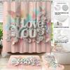 4pcs imitation relief pink Valentine's Day romantic print bathroom set waterproof shower curtain floor mat U-shaped toilet pad