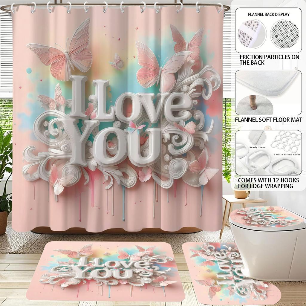 4pcs imitation relief pink Valentine's Day romantic print bathroom set waterproof shower curtain floor mat U-shaped toilet pad