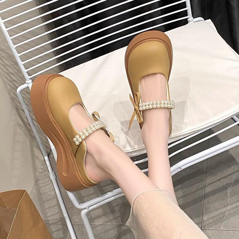 New Pearl Thick Bottom Heightening Muffin Non-slip Slippers Female Mary Jane Bow Spring Cute 2025 Bag Head Drag