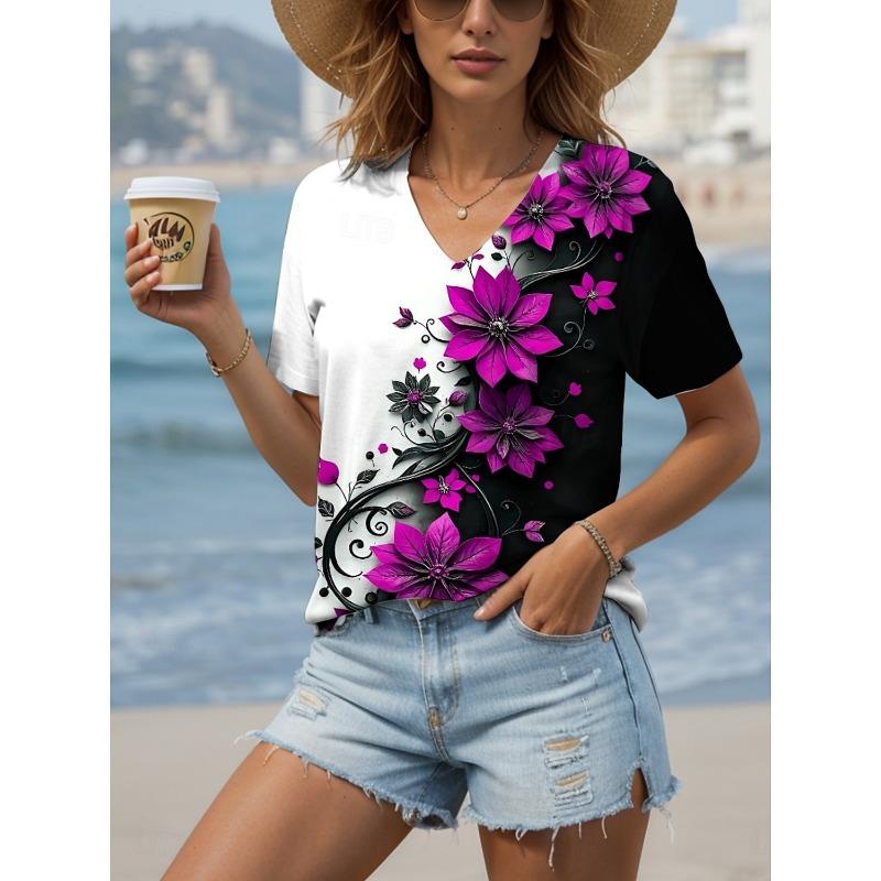Women's T Shirt Floral Graphic Vintage Stylish Modern Short Sleeve V Neck Regular Tops Daily Print Red Summer Casual T-shirt