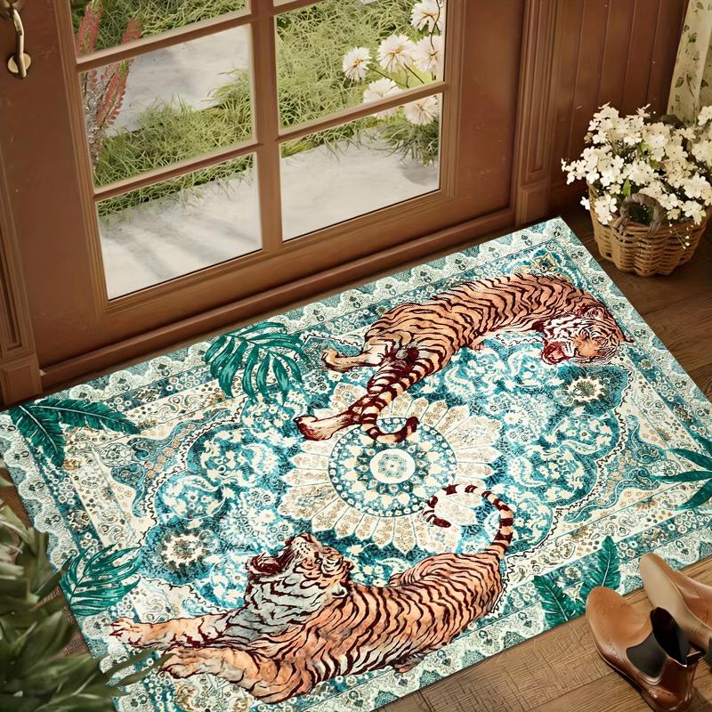 Mystical Jungle Area Rug Tiger Persian Floral Decorative Carpet Non-Slip Washable Large Area Bedroom Floor Mat Machine Washable