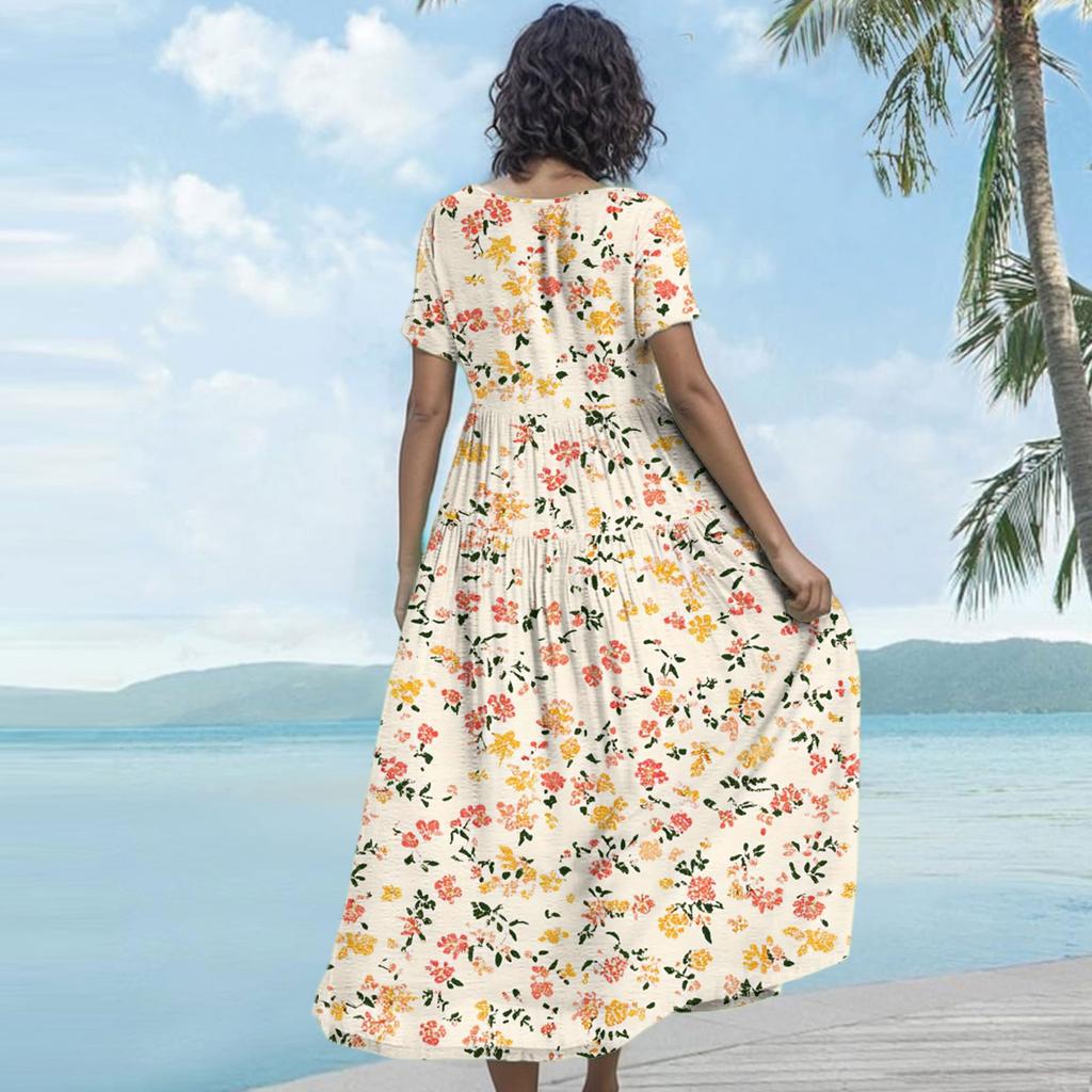 Women's Casual Loose Bohemian Floral Print Short Sleeve Dress