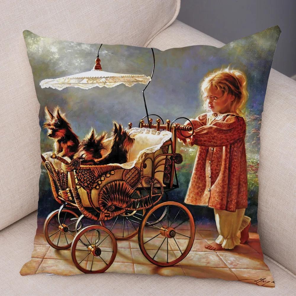 Cute Cartoon Children Cushion Cover Decor Harajuku Oil Painting Lady Pillowcase for Sofa Home Soft Plush Throw Pillow Case