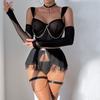 Women Sexy Sheer Mesh Lingerie Dress Set With Chain Halter Neck And Gloves 4 Piece Lingerie Set