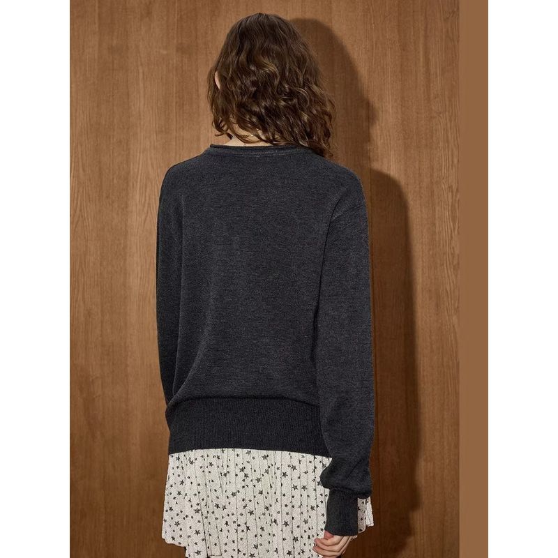 Coolhut Korean Style Fake Two-Piece Color-Blocking Embroidered Solid Color Preppy Style Winter Women's Inner Sweater