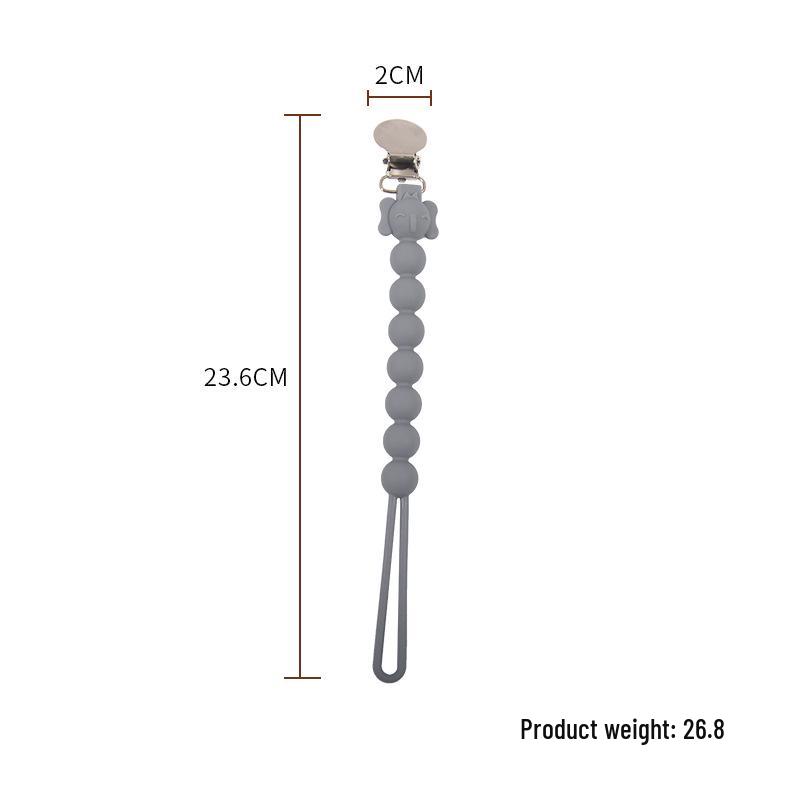 

Силіконовий тримач для пустушки з заспокійливими намистинами та пряжкою з нержавіючої сталі сірий колір