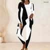 Women Plus Size Black White Printed Round Neck Long Sleeve Longline Top Fitted Pants Two Piece Set