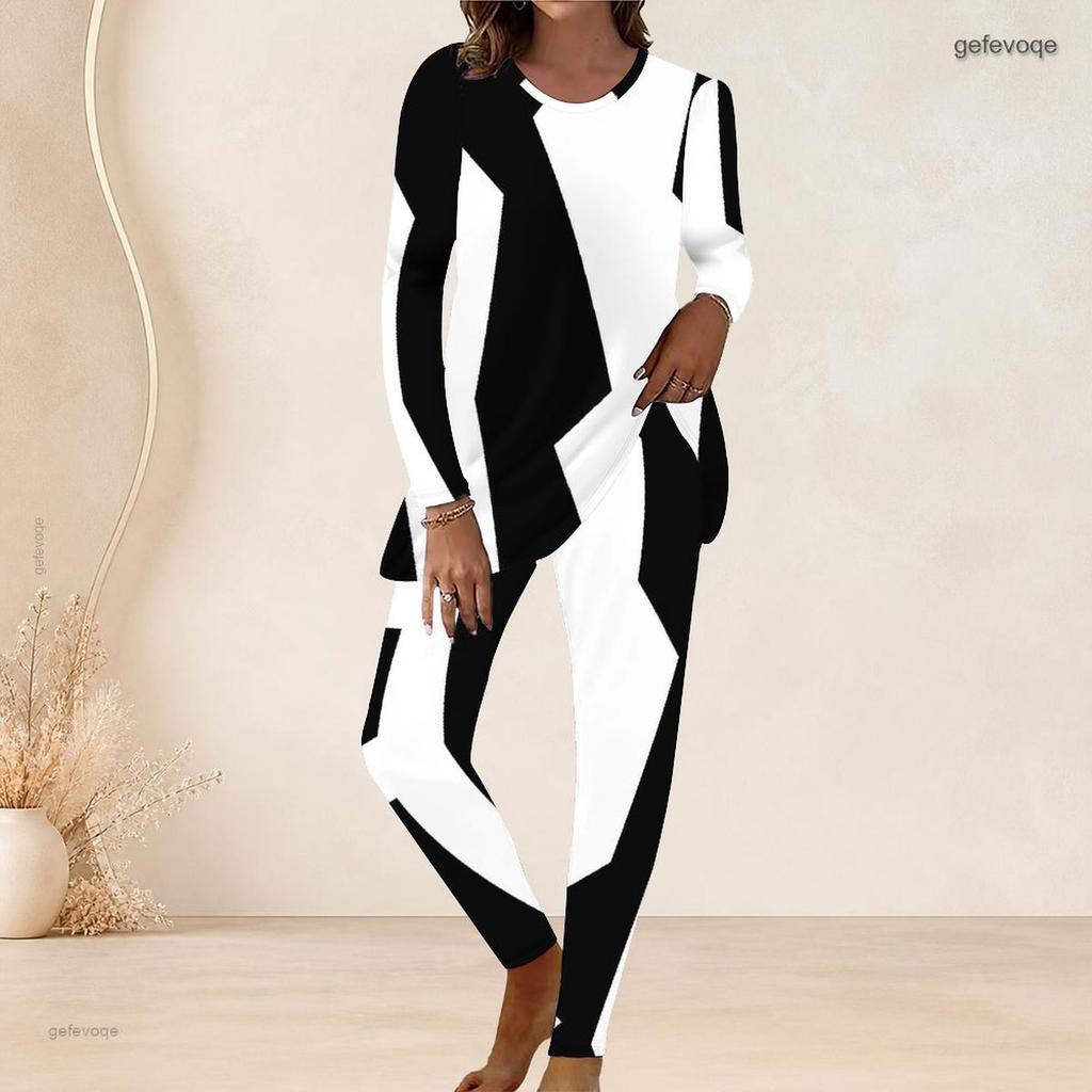Women Plus Size Black White Printed Round Neck Long Sleeve Longline Top Fitted Pants Two Piece Set