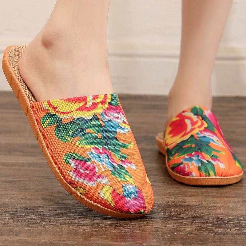 Women's Ethnic Peony Print Linen Half Slippers - Large Size