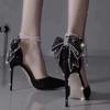 French Pointy Shallow Mouth Temperament Elegant Sequin Bow High Heels Women's Fine Heel Pearl Line with A Single Shoe