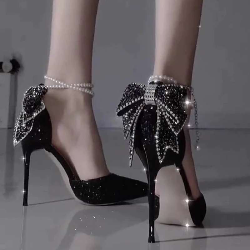 French Pointy Shallow Mouth Temperament Elegant Sequin Bow High Heels Women's Fine Heel Pearl Line with A Single Shoe