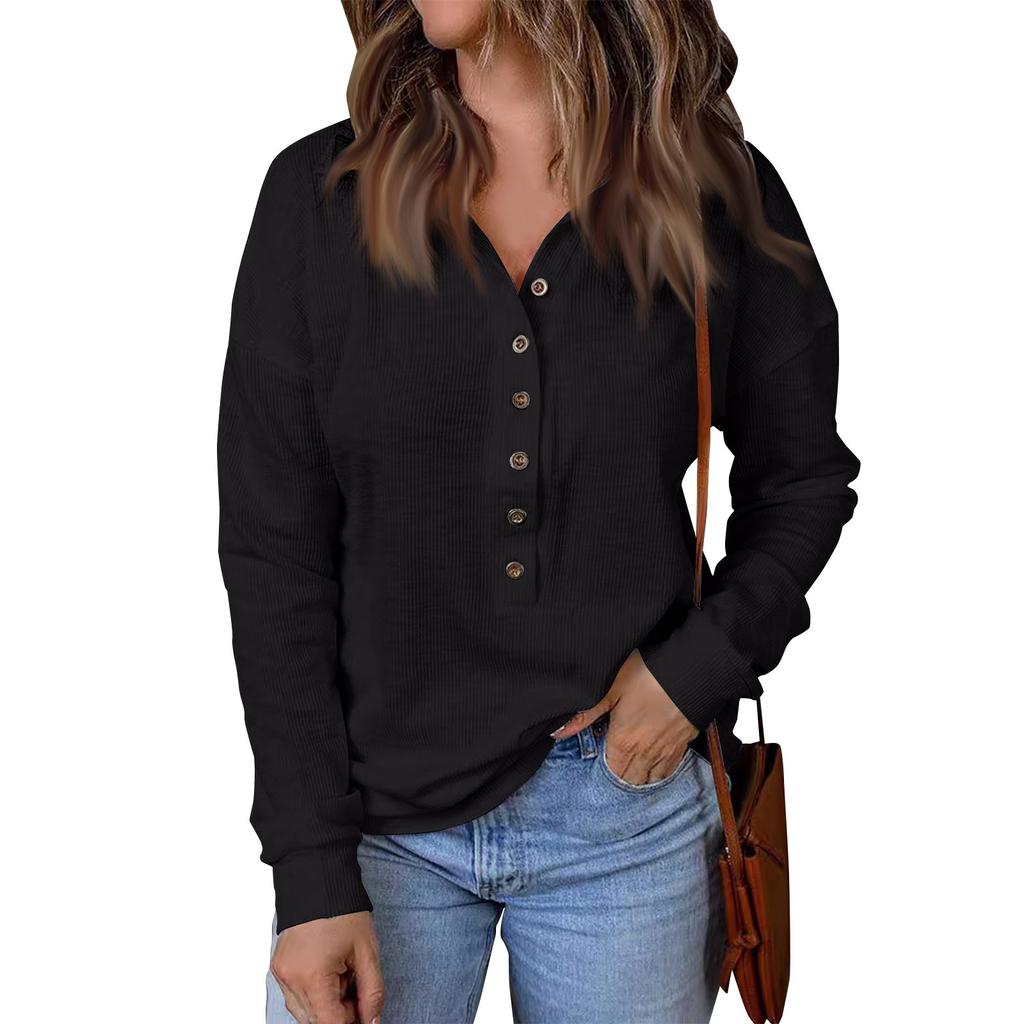 Women's Lapel Button Up Long Sleeved Top Pullover Color Knitted Sweater Loose Long Sleeved