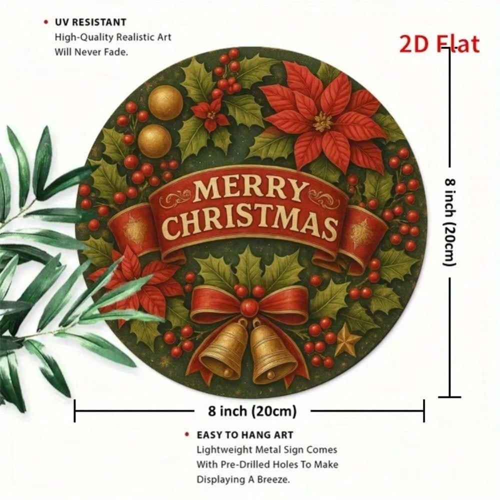 Vintage Christmas Iron Sign Wreath With Poinsettia Bells Ribbon Metal Wall Art Holiday Home Decor For Front Door Mantel Gift