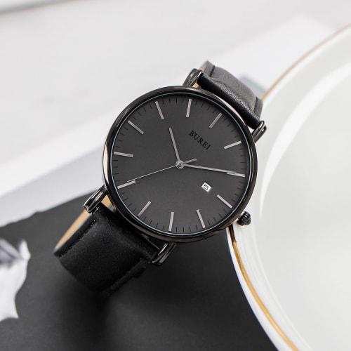 BUREI Men's Stylish Analog Quartz Watch, Simple, Slim, Casual Design with Date Display, Waterproof, Popular Brand, Black Leather Strap