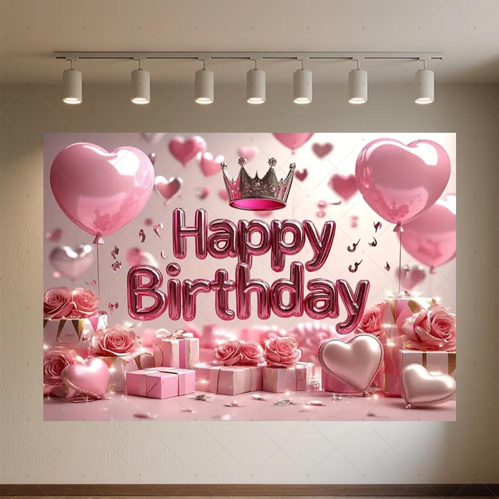 Crown Pink Balloons Background Banner Girls Birthday Party Decorations Flower Photography Backdrop Supplies Photo Shoot Props