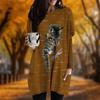 New In Autumn Cat Dragonfly Print Plus Size Dress Women O'neck Long Sleeves Casual Pocket Dresses
