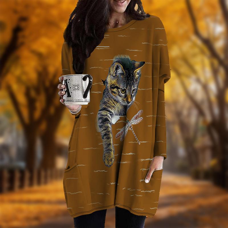 New In Autumn Cat Dragonfly Print Plus Size Dress Women O'neck Long Sleeves Casual Pocket Dresses