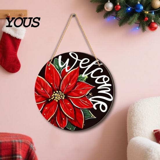 Rustic Christmas Wall Art Hanging Sign, Round Wooden Welcome Cute Dog Gingerbread Retro Holiday Wood Plaque Man Sign for Front Door Porch Decor