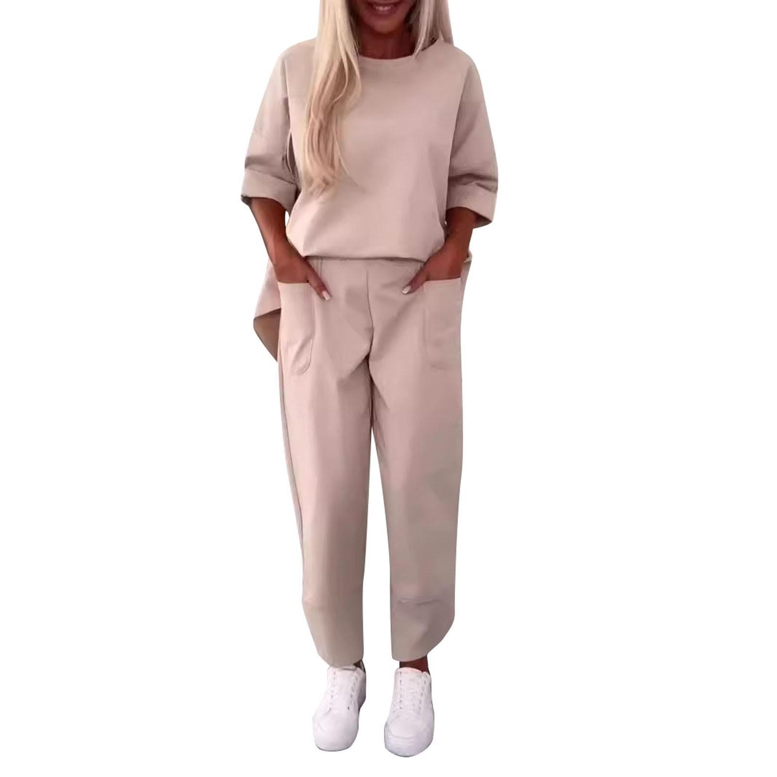 

Женский однотонный повседневный, удобный и свободный комплект из двух частей с круглым вырезом и девятью точками XL бежевый