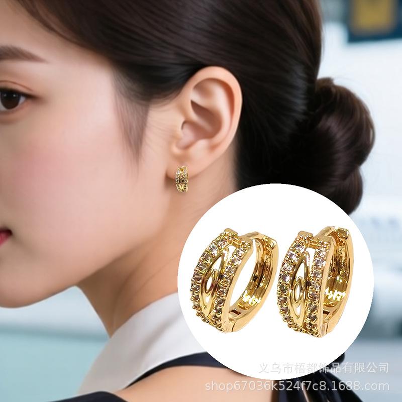 Copper Gold-Plated Geometric Zirconia Ear Cuff Earrings for Women - Light Luxury Versatile Jewelry Copper with Inlaid Zirconia