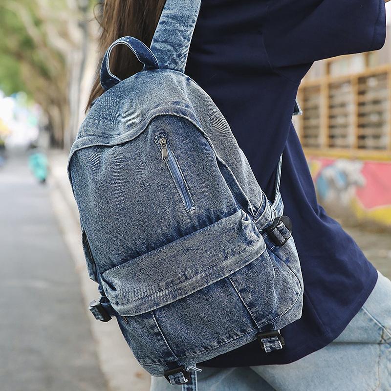 Vintage Solid Color Denim Backpack Large Capacity Travel Backpack Middle School Student Schoolbag