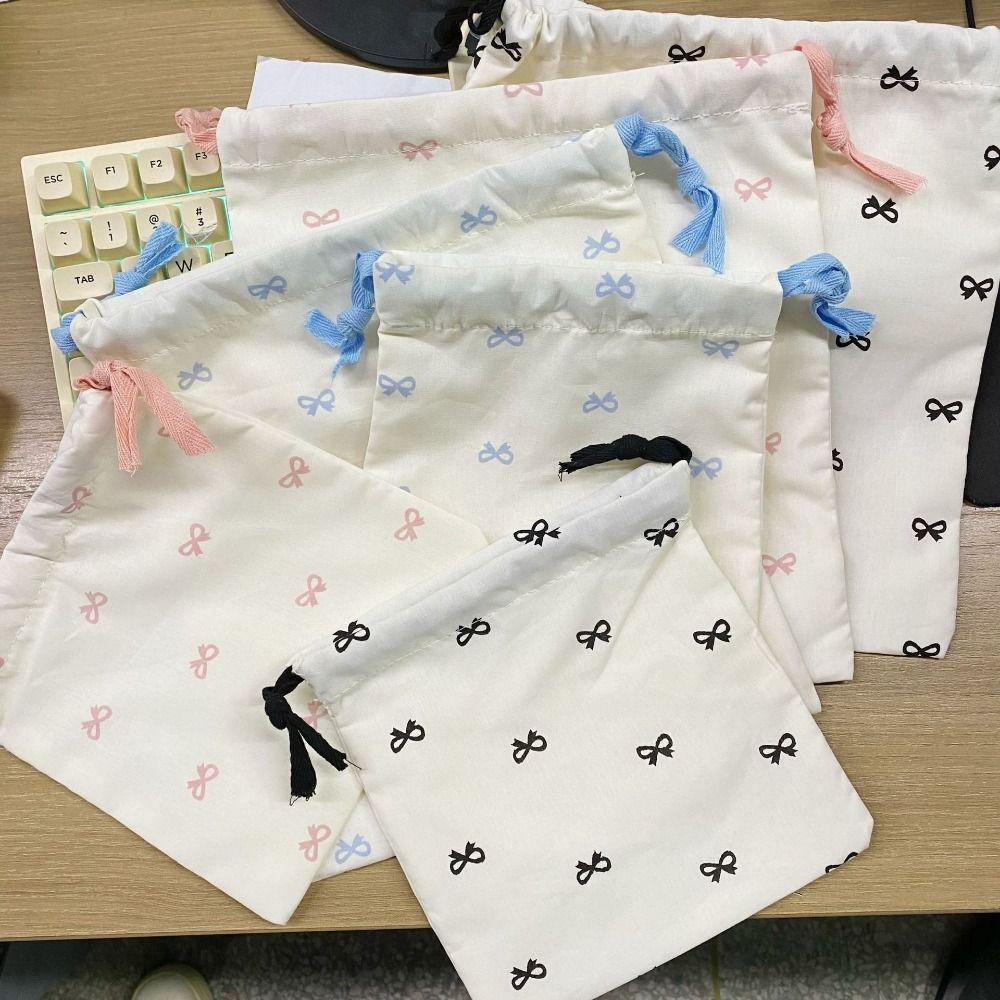 Casual Canvas Bow Print Drawstring Backpack Lightweight Large Capacity Storage Hanging Bag foldable Gym Sack Travel