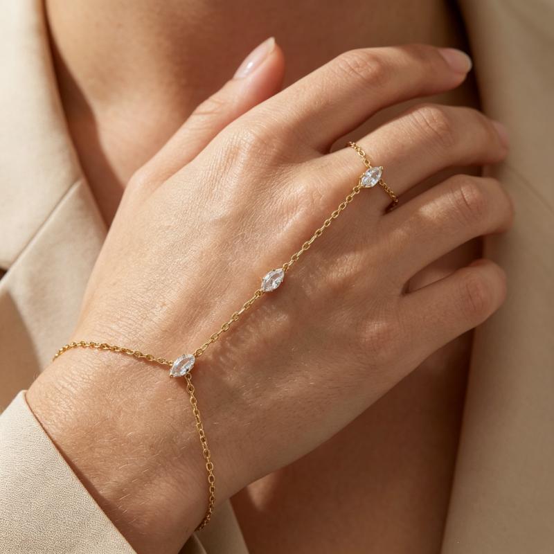 Retro Diamond Copper Zircon Finger Chain Ring For Women Stylish Simple Fashionable Jewelry Gift