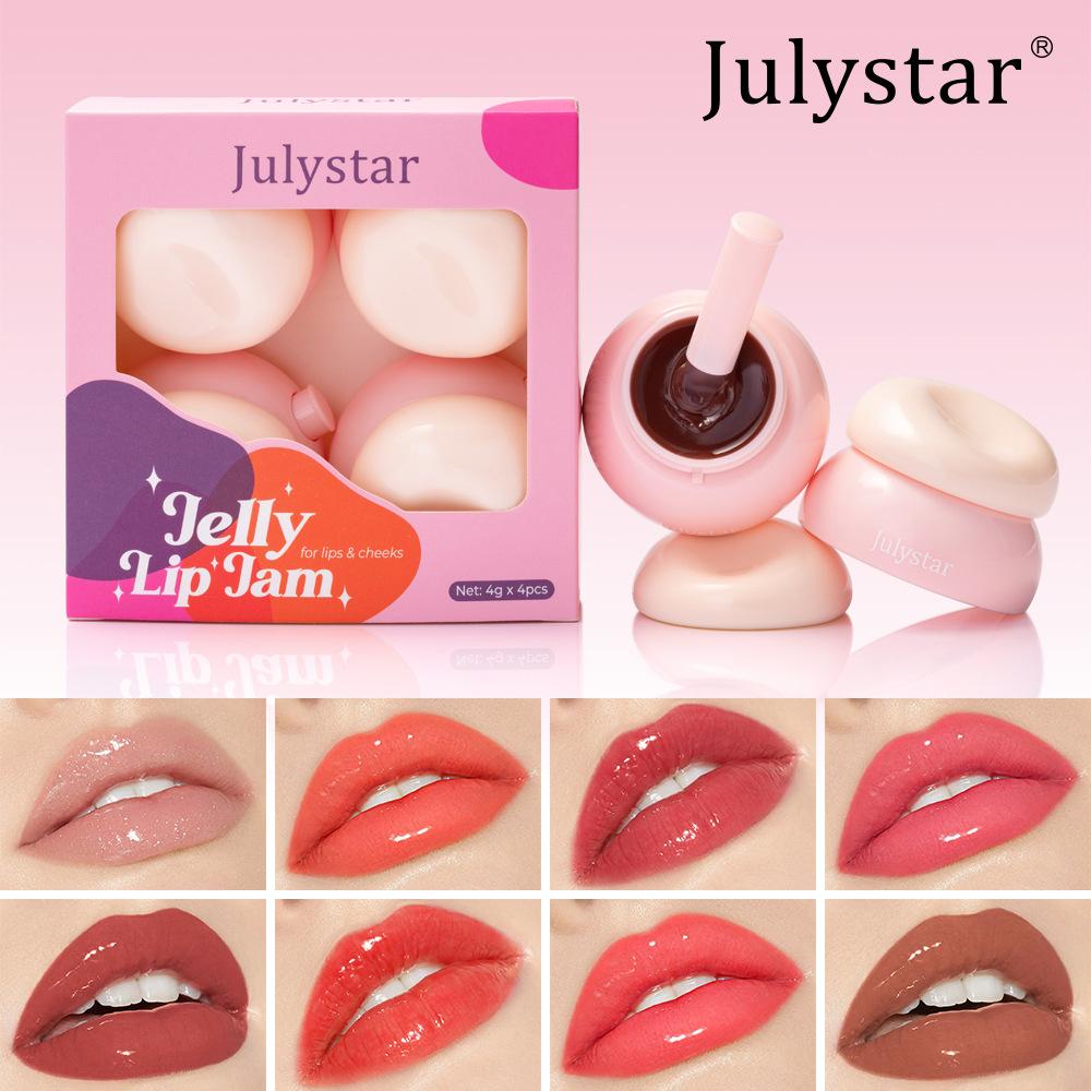 JULYSTAR 4pcs Jelly Lip Tint Set, Moisturizing Solid Lip Gloss for Lips & Cheeks, Multi-Use Hydrating Plumping Lip Balm Tinted Cheek Blush Makeup Gift