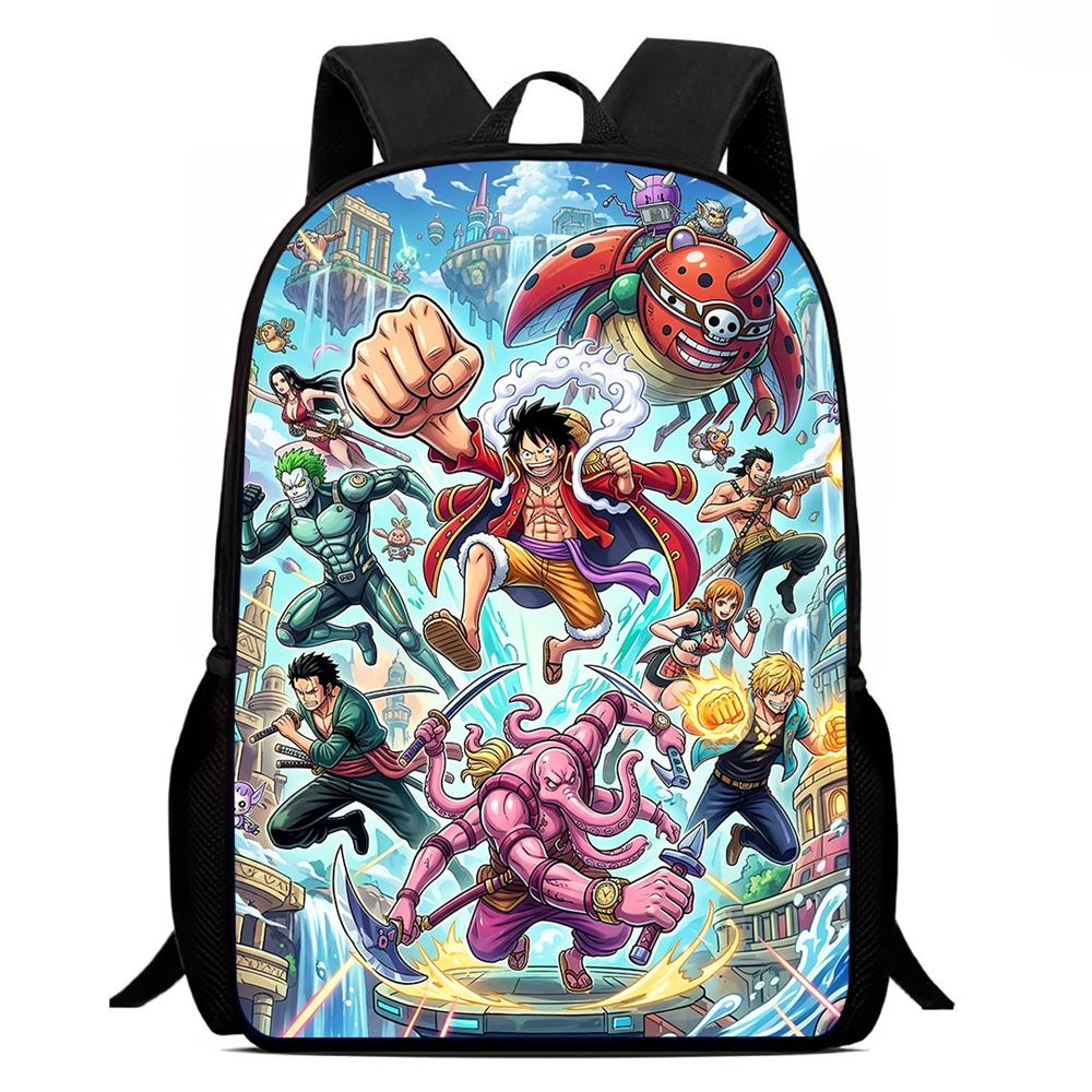 15 Inch Cartoon One Piece Mochila Backpack, Light Weight Unisex School Backpack for Boys Girls Age 6-10 Casual Travel Daypack