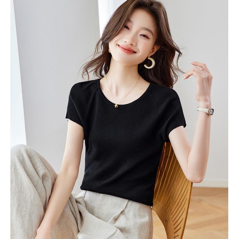 Srcr Women's 100% Mulberry Silk Slim Fit Short Sleeve Knit Top