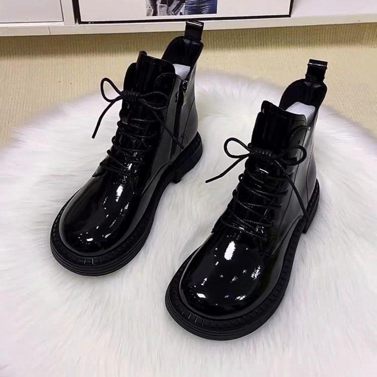 2025 Damen Lackleder Stiefeletten: Samtgefütterte, stilvolle Martin Schnee- & Motorradstiefel für Herbst/Winter.