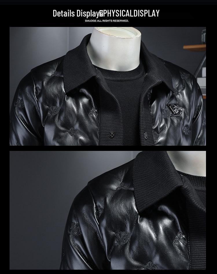 2024 Winter European Style Men's Casual Lapel PU Leather Down Jacket
