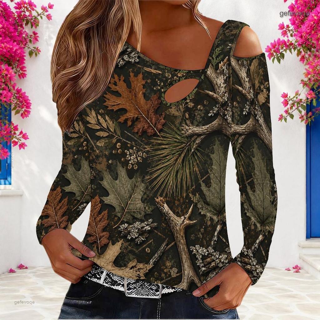 Women Plus Size Asymmetric Cutout Neck Cold Shoulder Long Sleeve Green Black White Printed Top