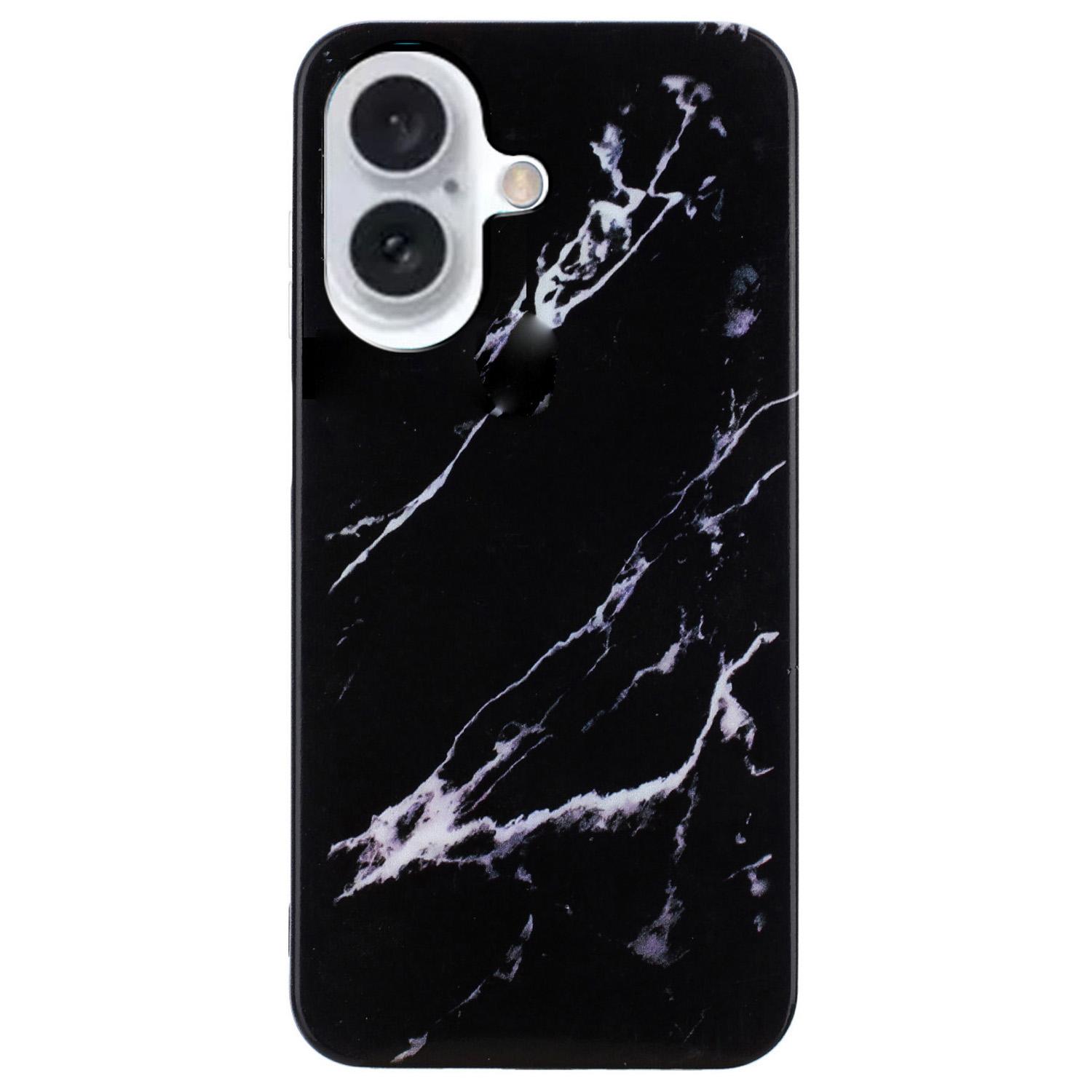 

For iPhone 16 TPU Case Marble Pattern Print Protective Phone Cover Black