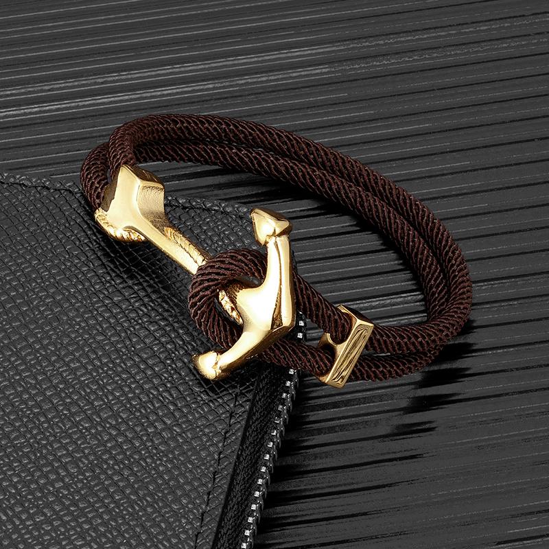 Gold Plated Anchor Bracelet Men Charm Nautical Survival Rope Chain Paracord Bracelet Male Wrap Metal Sport Hooks