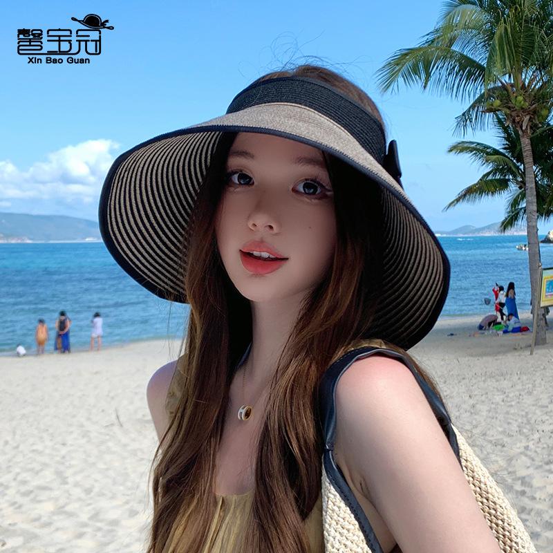 8483 Summer Shade Empty Top Straw Hat Foldable Straw Eaves Sunscreen Hat Women's Fashion Bow Sun Hat